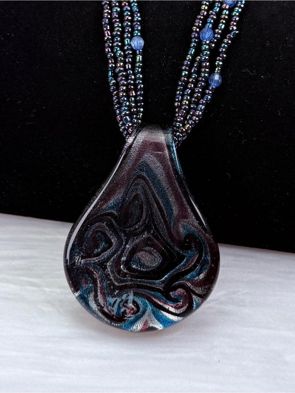Vintage Art Glass Teardrop Pendant Multi Strand Seed Bead Necklace